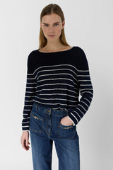 LEVIA NAVY LOOSE STRIPED LINEN BLEND SWEATER