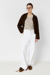 LEVIA TAUPE LOOSE STRIPED LINEN BLEND SWEATER