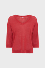 LYLOU RED LOOSE LINEN V NECK SWEATER