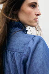 LOUPY EMBROIDERED RUFFLED DENIM SHIRT