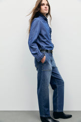 LOUPY EMBROIDERED RUFFLED DENIM SHIRT