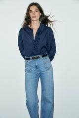 LEONE BLUE COTTON VOILE RUFFLED BLOUSE