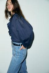 LEONE BLUE COTTON VOILE RUFFLED BLOUSE