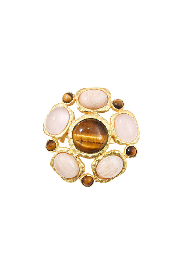 TILLEUL MULTI-STONE PINK QUARTZ AND TIGER'S EYE BROOCH
