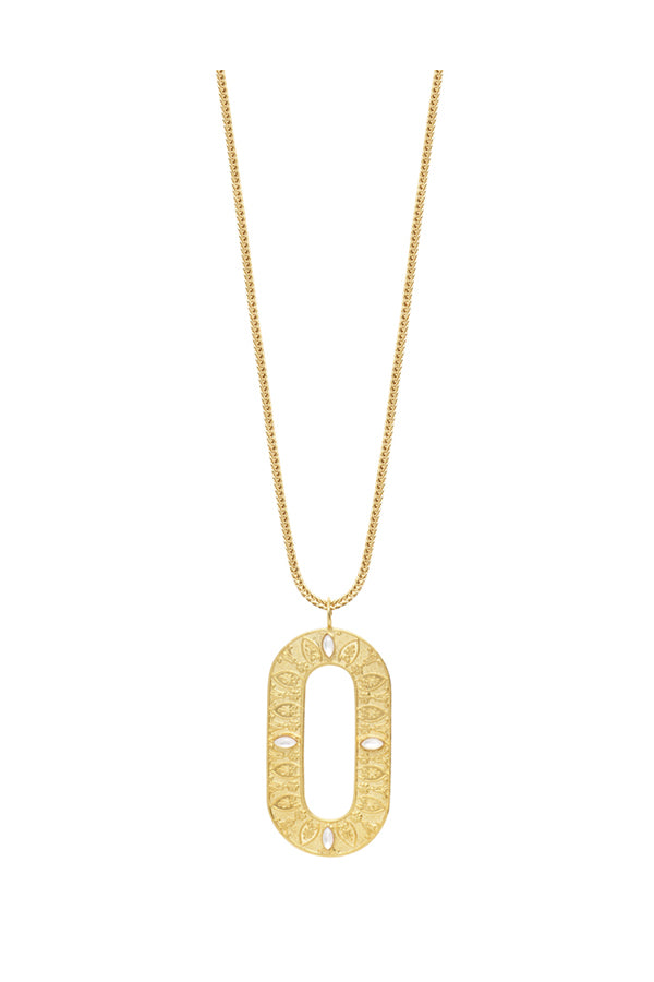 SEQUOIA WHITE MOTHER-OF-PEARL OVAL MEDALLION LONG NECKLACE