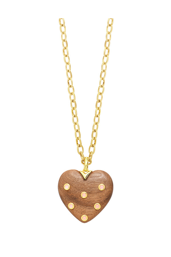 TILLEUL HEART-SHAPED WOOD LONG NECKLACE WITH PINK QUARTZ STONES