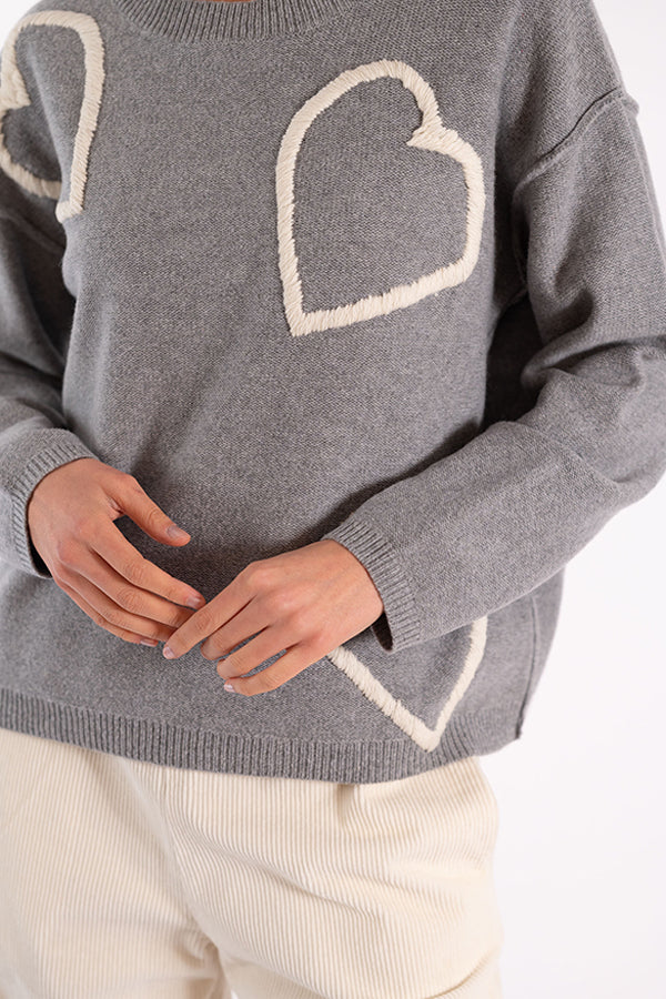 EVE HEARTS EMBROIDERY GREY SWEATER