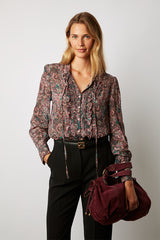 CLEO PAISLEY PRINT LUREX THREAD JABOT SHIRT