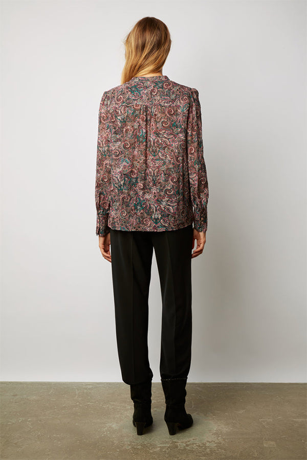 CLEO PAISLEY PRINT LUREX THREAD JABOT SHIRT