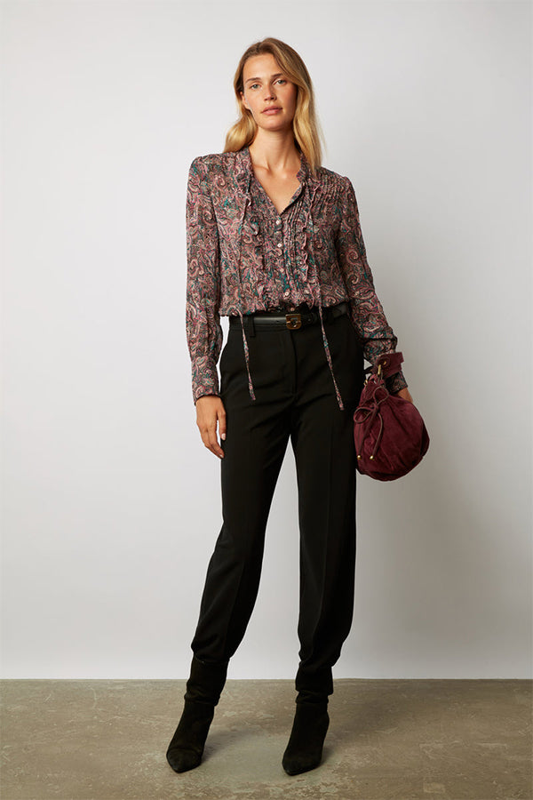 CLEO PAISLEY PRINT LUREX THREAD JABOT SHIRT