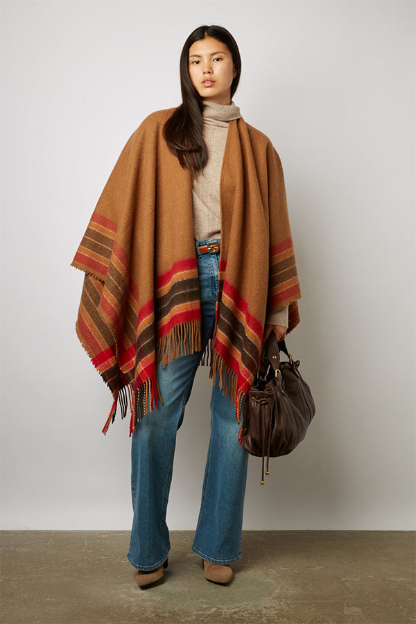 GEENA CAMEL STRIPED AND FRINGED WOOL PONCHO