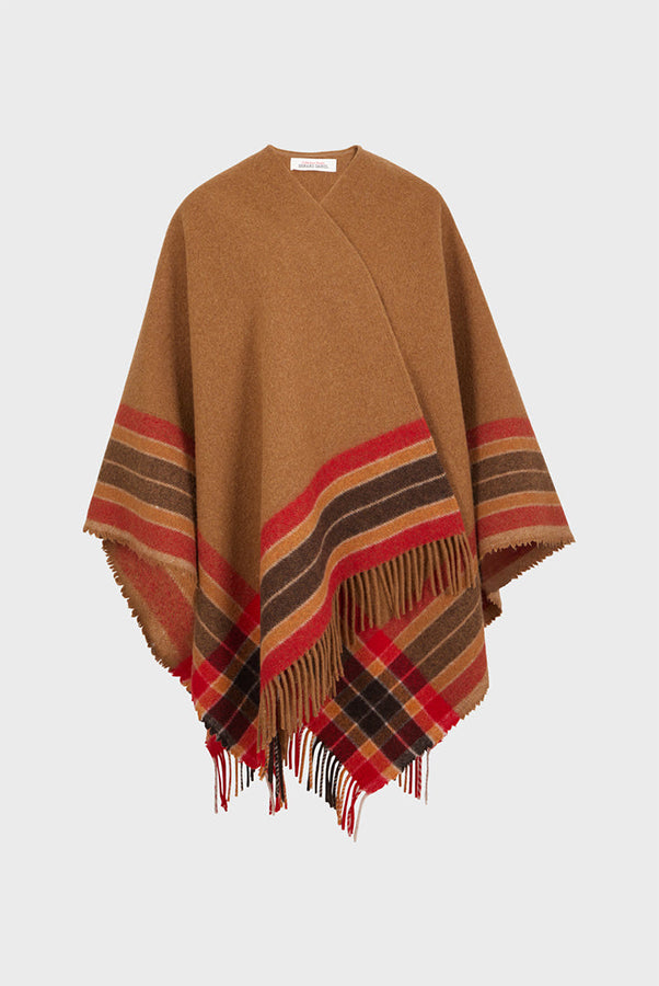 GEENA CAMEL STRIPED AND FRINGED WOOL PONCHO