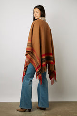 GEENA CAMEL STRIPED AND FRINGED WOOL PONCHO