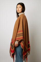 GEENA CAMEL STRIPED AND FRINGED WOOL PONCHO