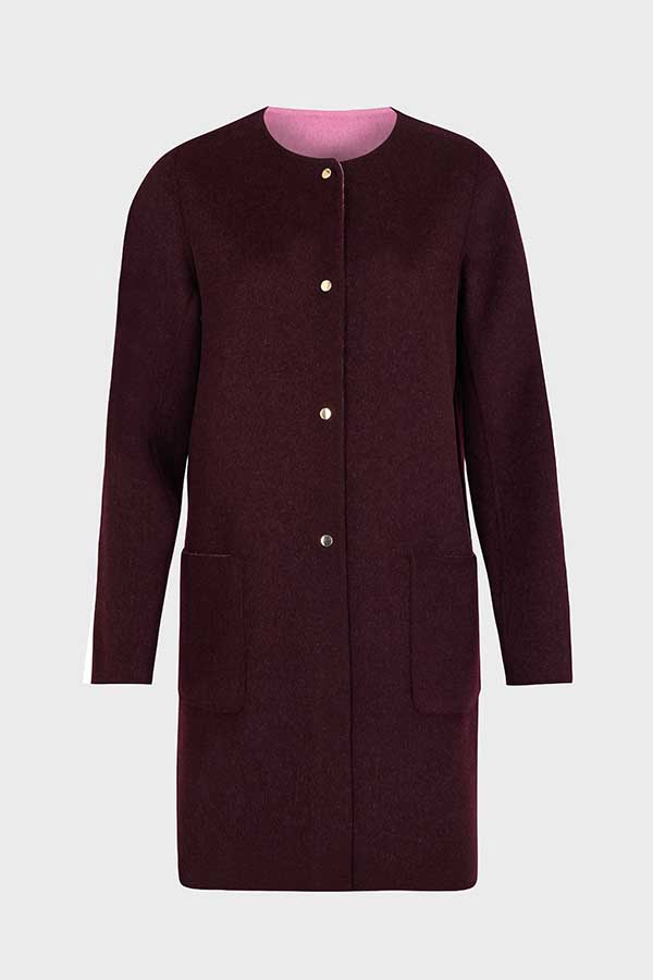 SABRINA BURGUNDY ROUND NECK REVERSIBLE FINE WOOL COAT