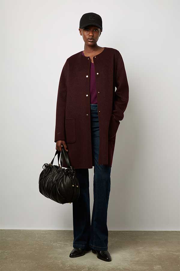 SABRINA BURGUNDY ROUND NECK REVERSIBLE FINE WOOL COAT