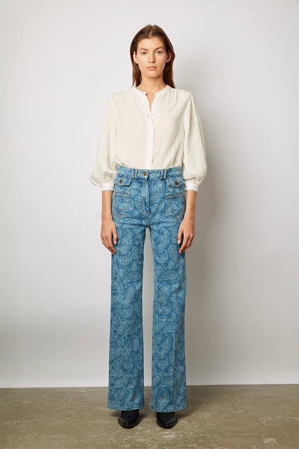 ANNA BLUE PAISLEY PRINT FLARED JEANS