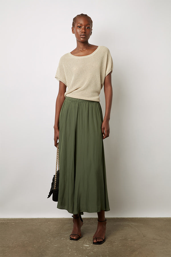 DENISA KAKI PLEATED SATIN LIKE MIDI SKIRT