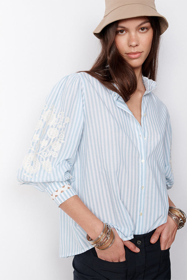 LEONA BLUE EMBROIDERED STRIPED SHIRT