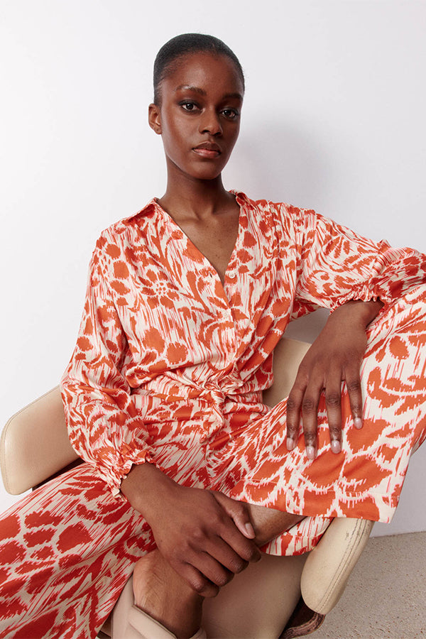 MORGANA CORAL PRINTED SATIN EFFECT LOOSE SHIRT