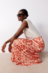 MORGANA CORAL PRINTED SATIN-EFFECT LONG SKIRT