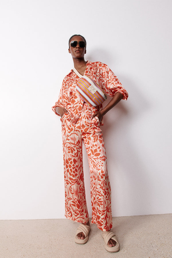 MORGANA CORAL PRINTED SATIN EFFECT FLARED TROUSERS