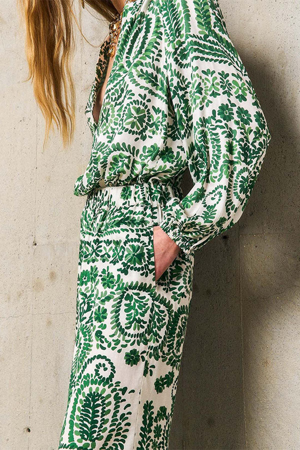 ABRIL MEKONG GREEN FLORAL PRINT TROUSERS