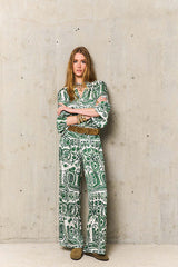 ABRIL MEKONG GREEN FLORAL PRINT TROUSERS