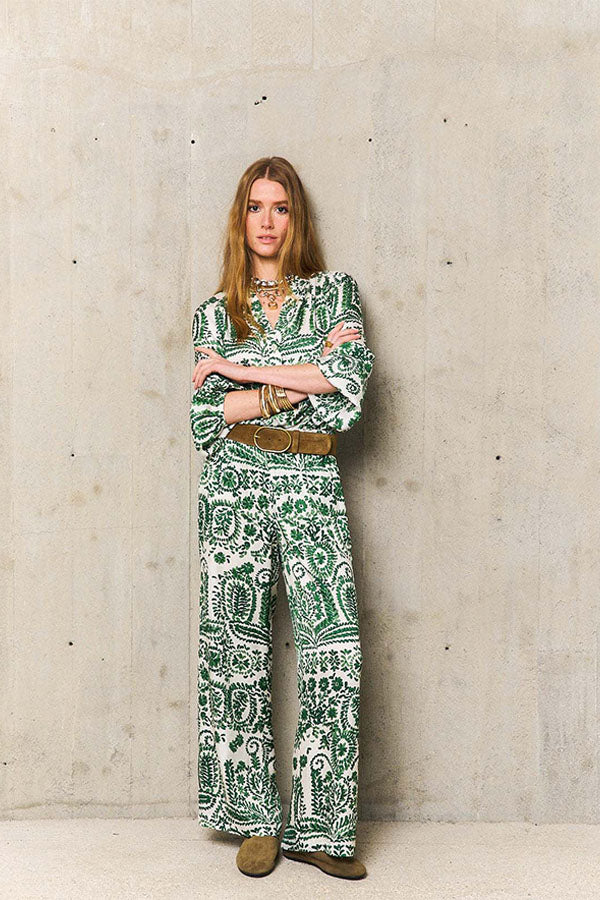 ABRIL MEKONG GREEN FLORAL PRINT TROUSERS