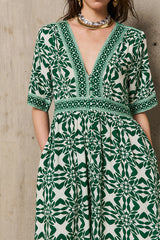 MARILYN GREEN PRINT LONG DRESS
