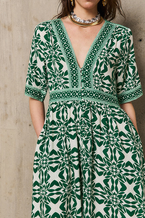 MARILYN GREEN PRINT LONG DRESS