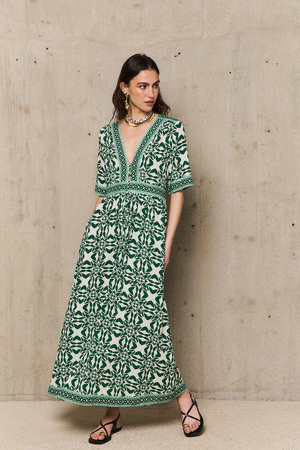 MARILYN GREEN PRINT LONG DRESS