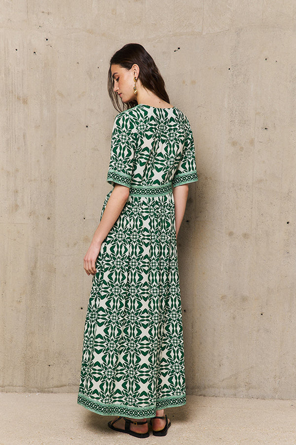 MARILYN GREEN PRINT LONG DRESS