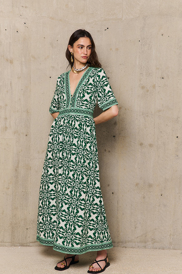 MARILYN GREEN PRINT LONG DRESS