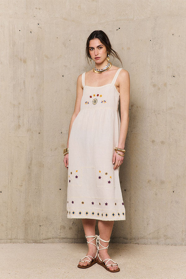 LORAINE EMBROIDERED LINEN STRAP LONG DRESS