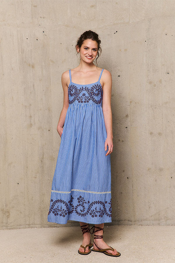 NURIA STRIPED EMBROIDERED STRAP DRESS