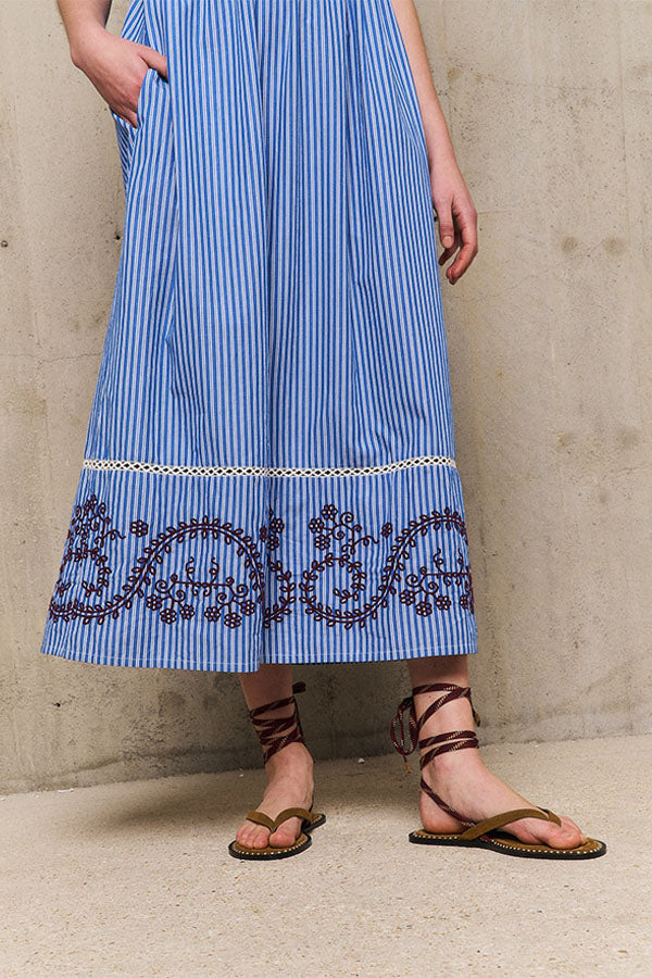 NURIA STRIPED EMBROIDERED STRAP DRESS