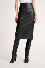 FENICE BLACK LONGUETTE LEATHER SKIRT