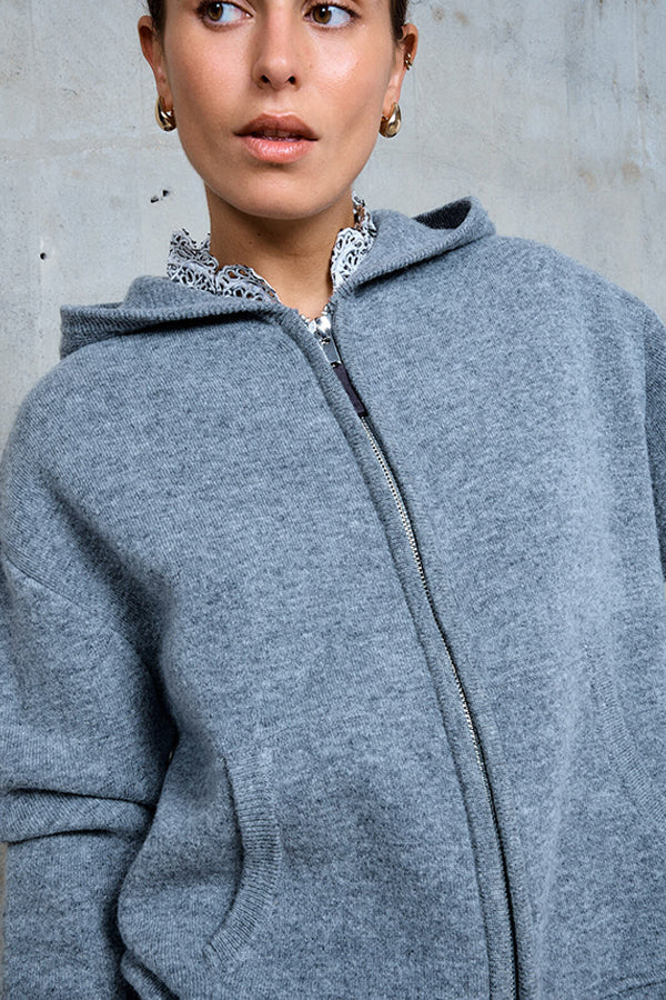 AGATHE GREY HOODED ZIPPED WOOL CARDIGAN