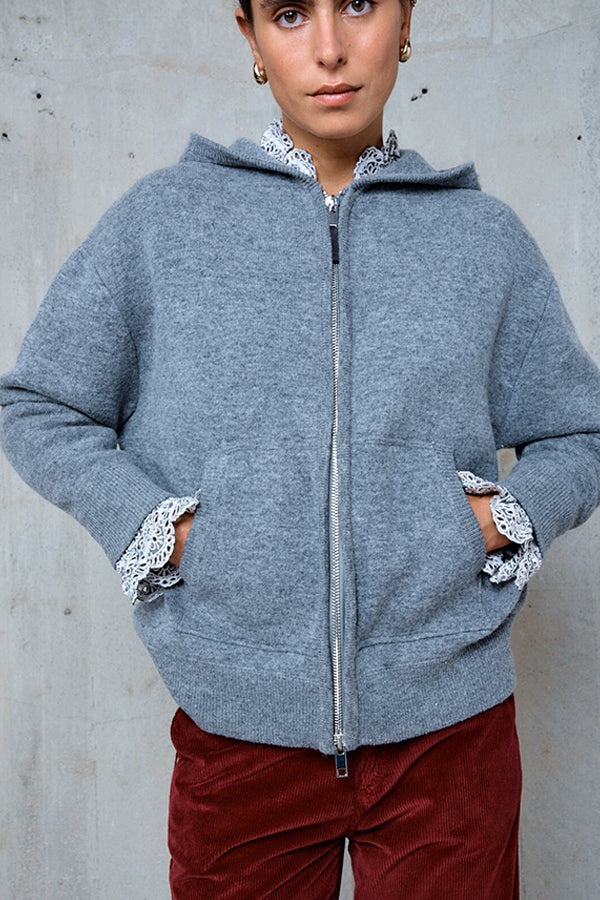 AGATHE GREY HOODED ZIPPED WOOL CARDIGAN