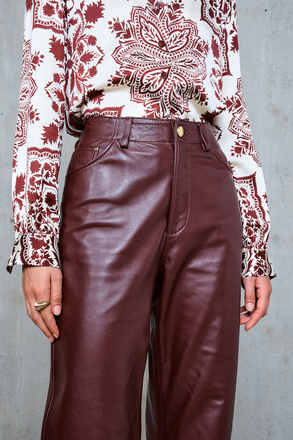 ESMEE BURGUNDY STRAIGHT LEATHER TROUSERS