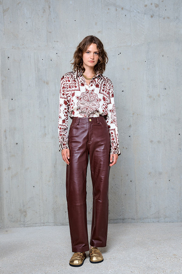 ESMEE BURGUNDY STRAIGHT LEATHER TROUSERS