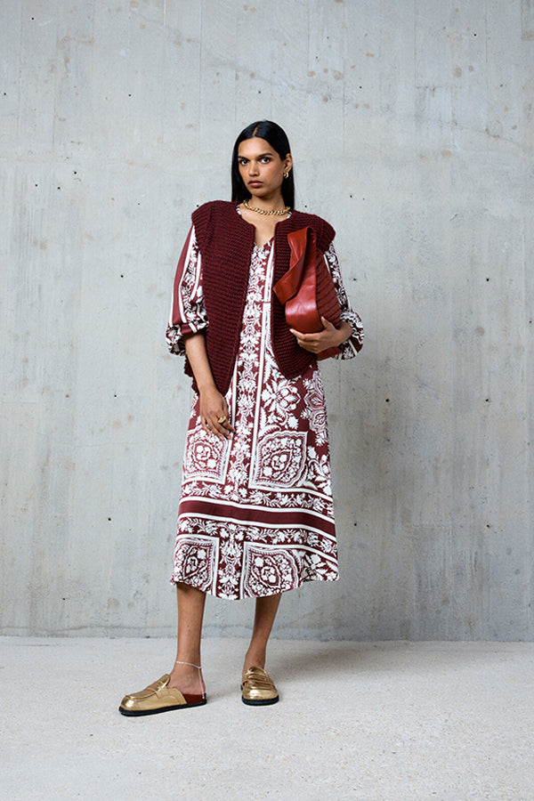 GISELE BURGUNDY PRINTED LONG DRESS