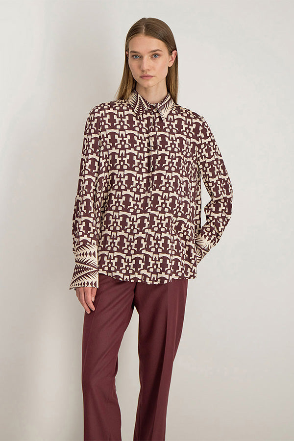 AZEL LONG SLEEVE BURGUNDY PRINTED SHIRT