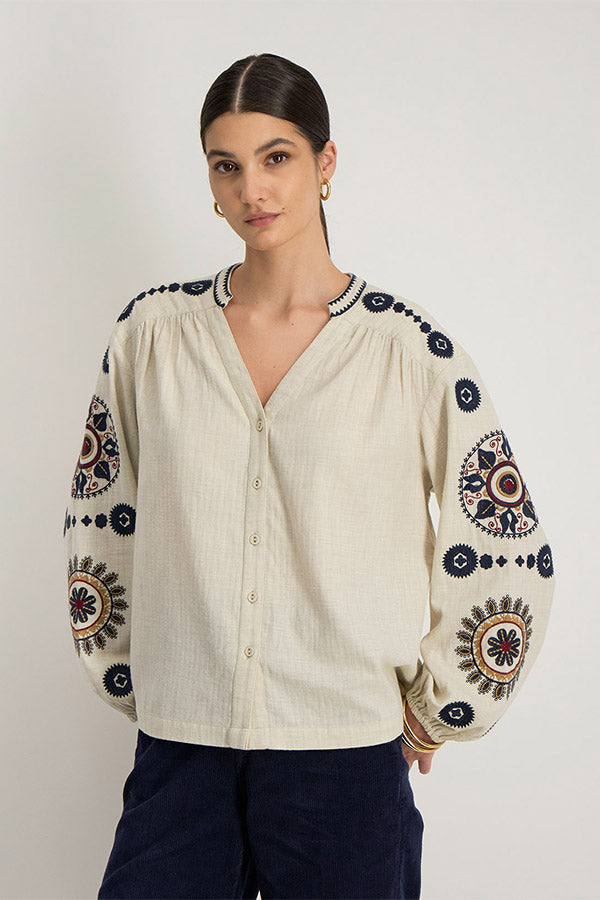 OMIRA ECRU MANDALA EMBROIDERED SHIRT