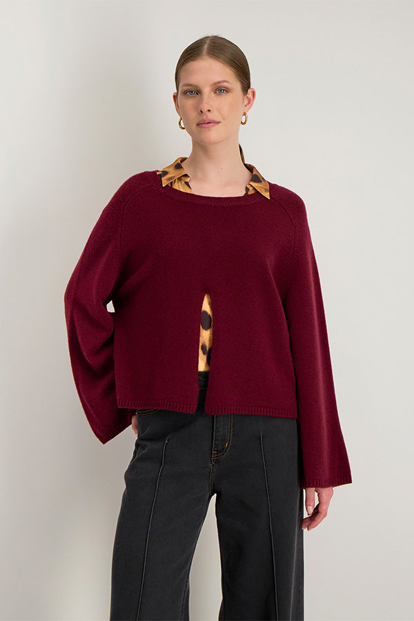 HILDA BURGUNDY MERINO WOOL SPLIT SWEATER