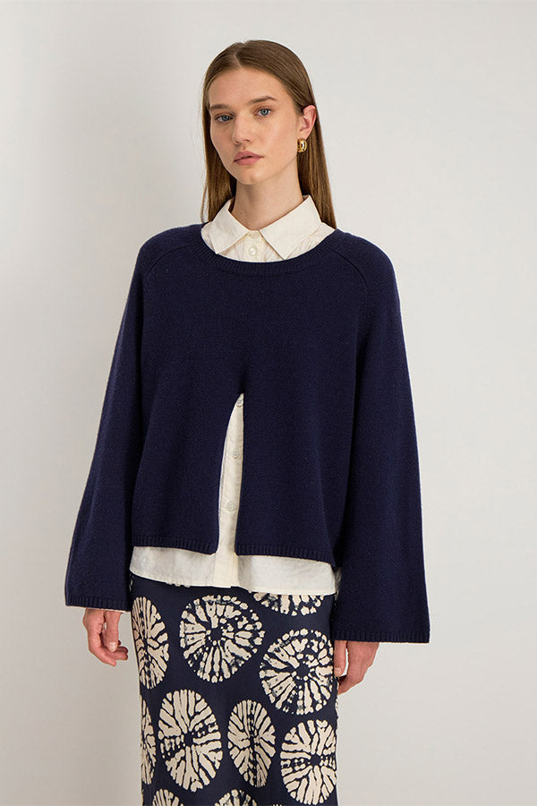 HILDA NIGHT BLUE MERINO WOOL SPLIT SWEATER
