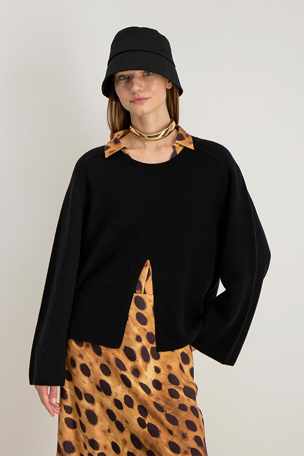 HILDA BLACK MERINO WOOL SPLIT SWEATER
