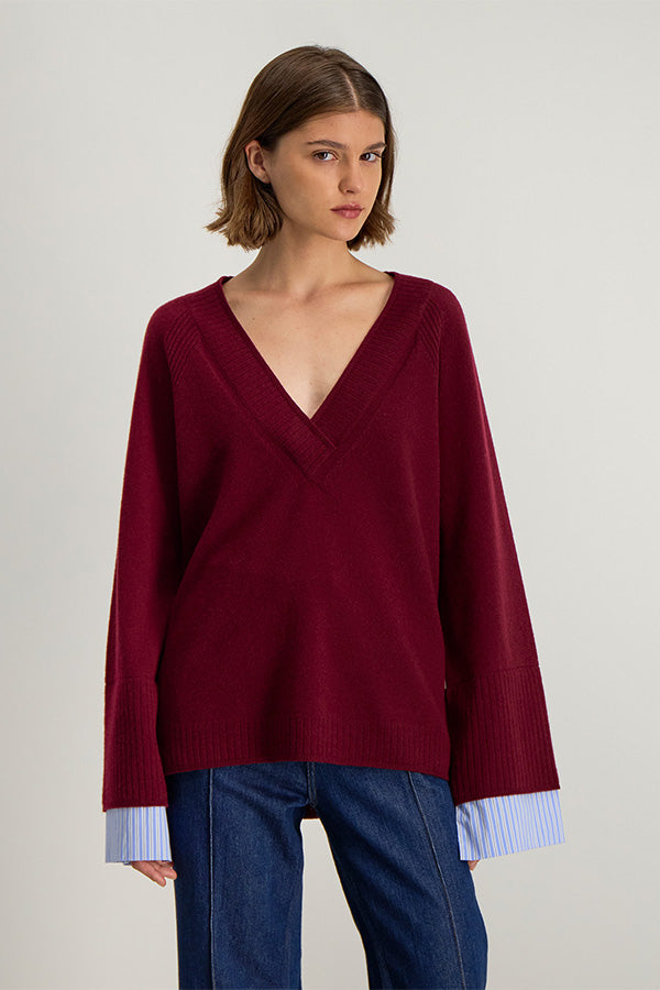 LITA BURGUNDY MERINO WOOL V-NECK SWEATER
