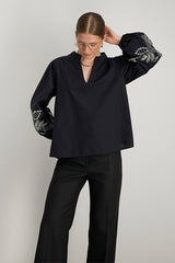 ORLANE BLACK BALLON SLEEVE EMBROIDERED TUNIC